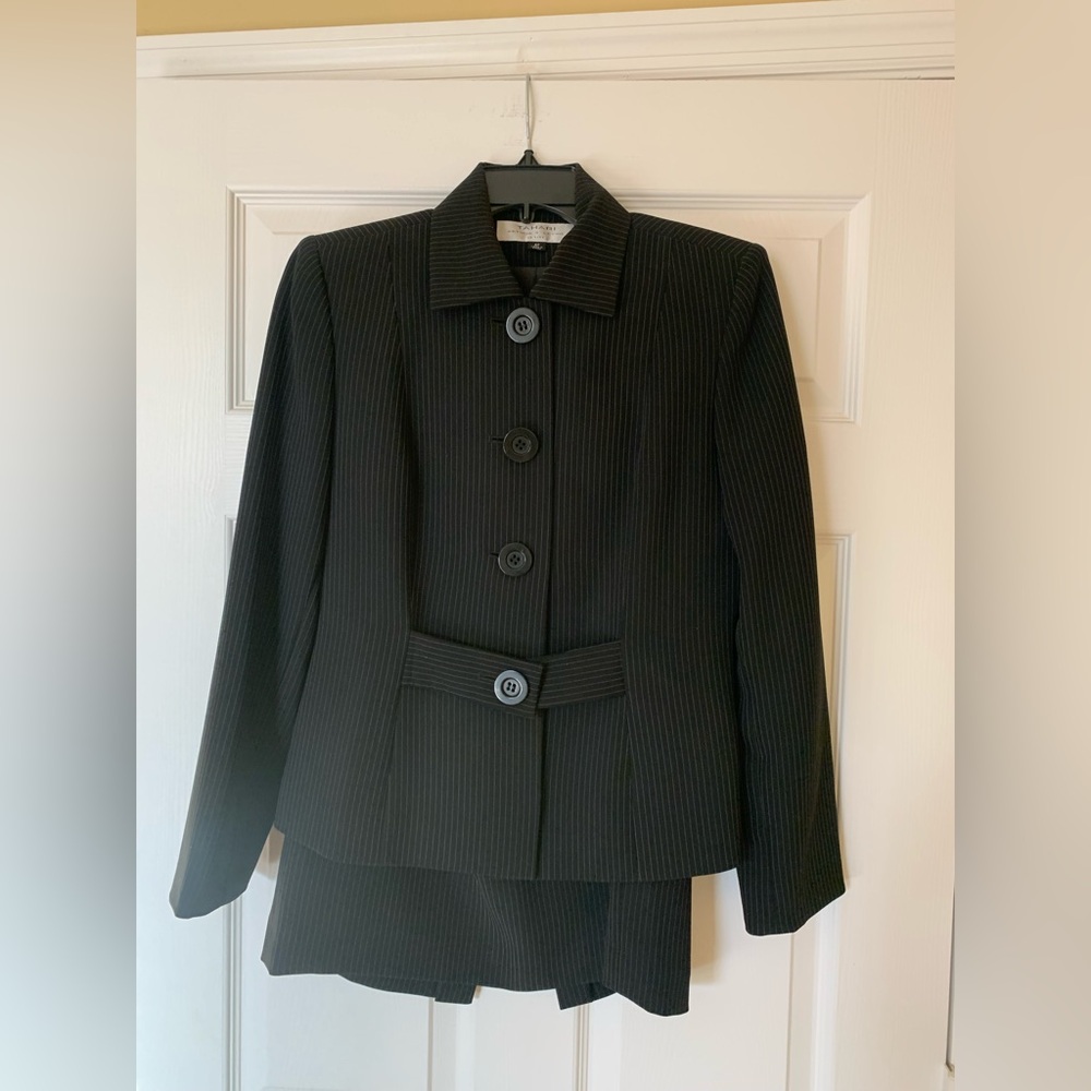 Tahari Pinstripe 2 Piece Skirt Suit Set - Skirt & Blazer, Black, 6P